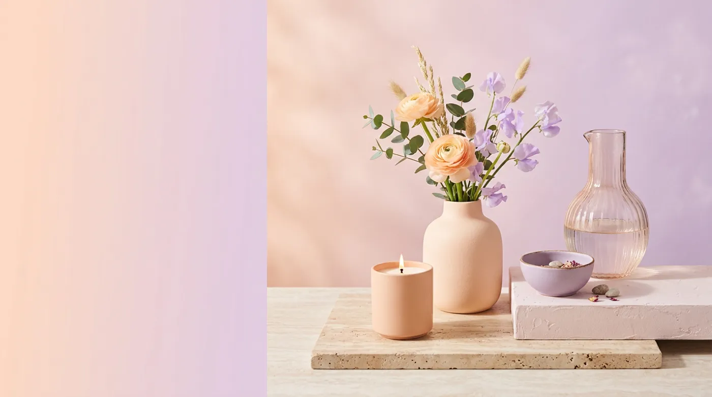 Banner mit Vase, Kerze und Schale, mit KI erzeugt